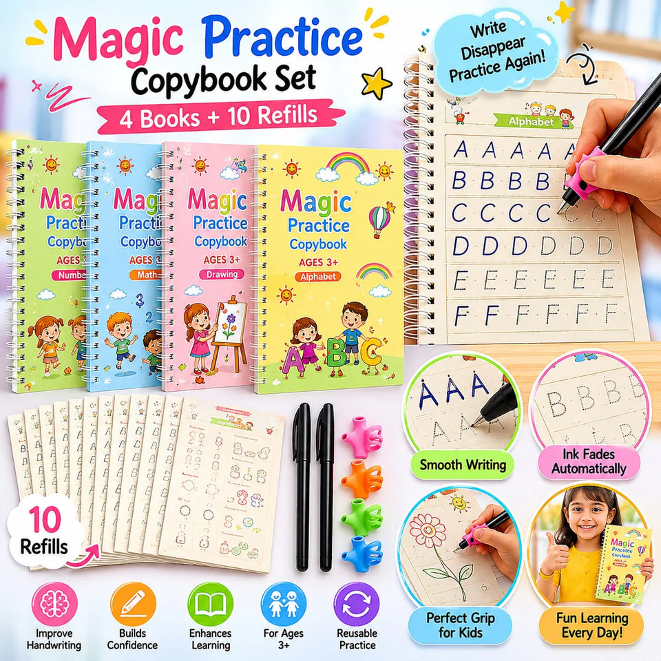 CraftSR™ Magic Practice Copybook Set | Reusable Handwriting Practice Books with Pen & Refills | Fun Learning for Kids