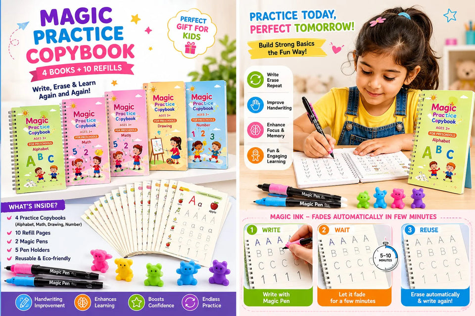 CraftSR™ Magic Practice Copybook Set | Reusable Handwriting Practice Books with Pen & Refills | Fun Learning for Kids