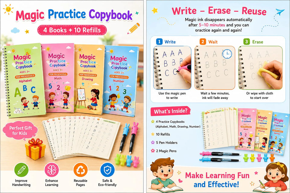 CraftSR™ Magic Practice Copybook Set | Reusable Handwriting Practice Books with Pen & Refills | Fun Learning for Kids