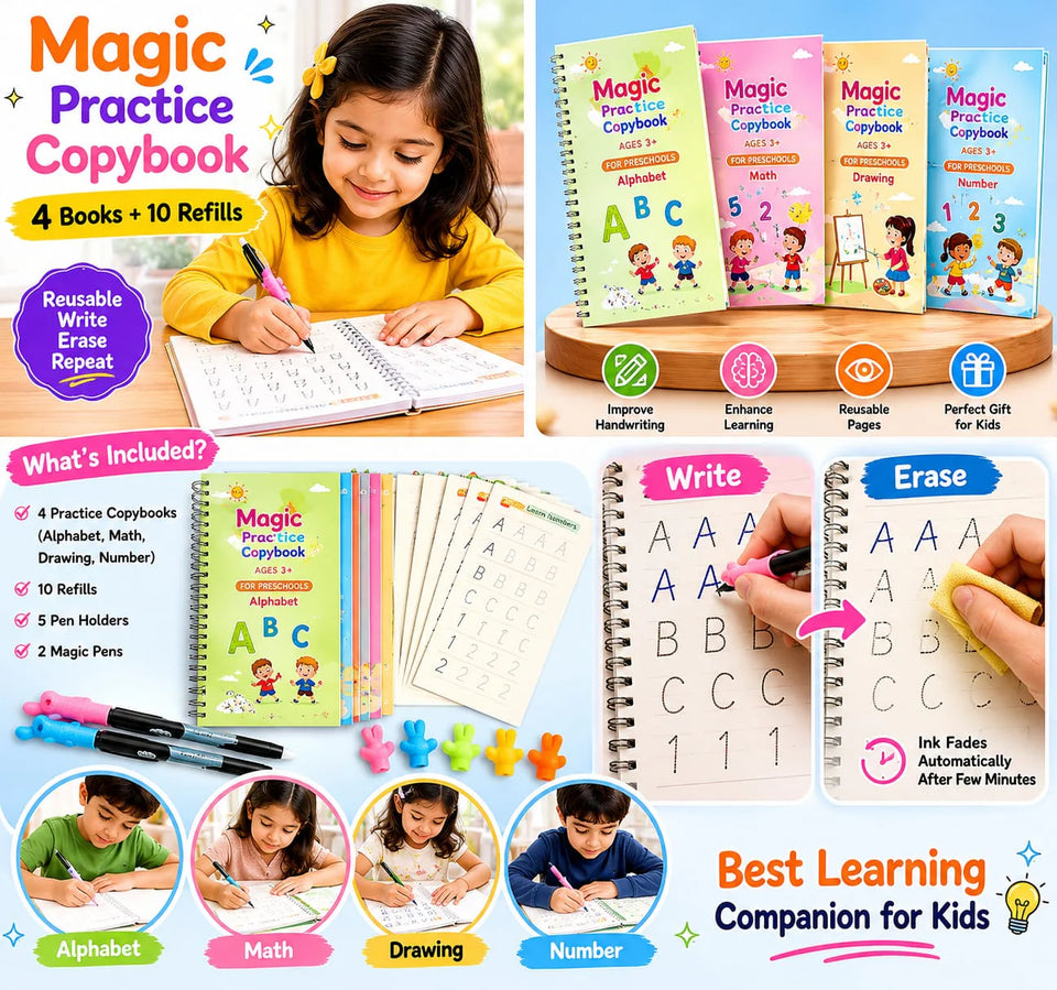 CraftSR™ Magic Practice Copybook Set | Reusable Handwriting Practice Books with Pen & Refills | Fun Learning for Kids